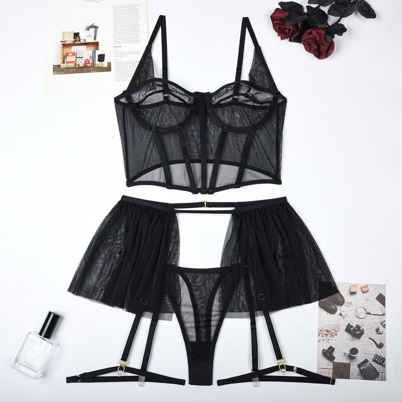 Corset Blooming In Love Black 5-Piece Lingerie Set