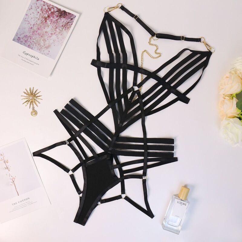 Seductive Strappy Love Potion Black Bodysuit Lingerie