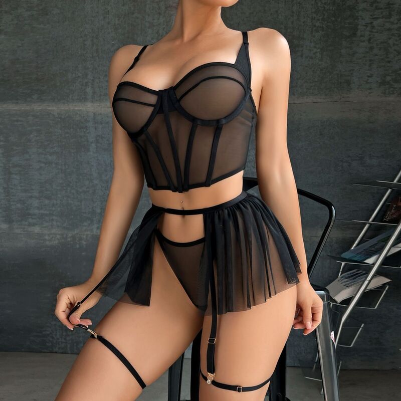 Corset Blooming In Love Black 5-Piece Lingerie Set