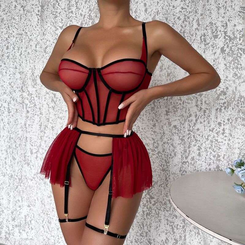 Corset Blooming In Love Maroon 5-Piece Lingerie Set