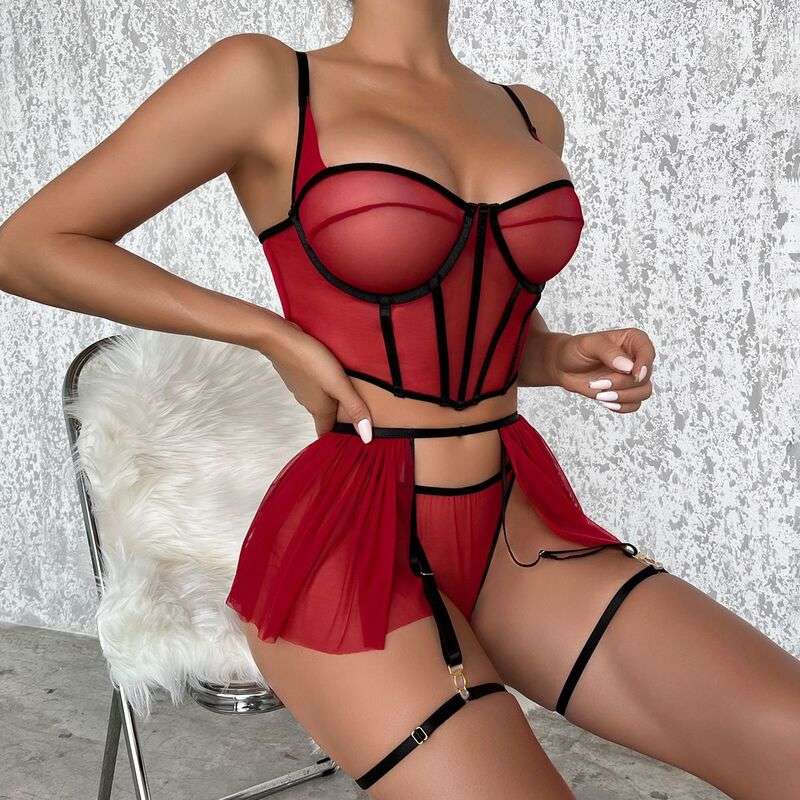 Corset Blooming In Love Maroon 5-Piece Lingerie Set