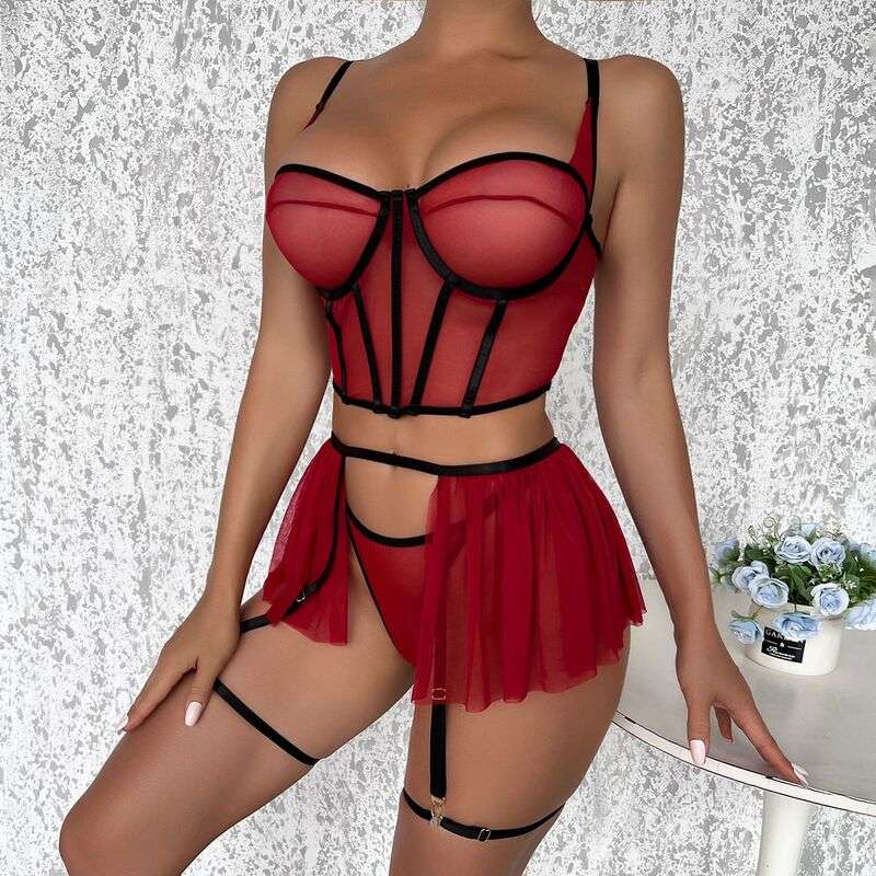 Corset Blooming In Love Maroon 5-Piece Lingerie Set