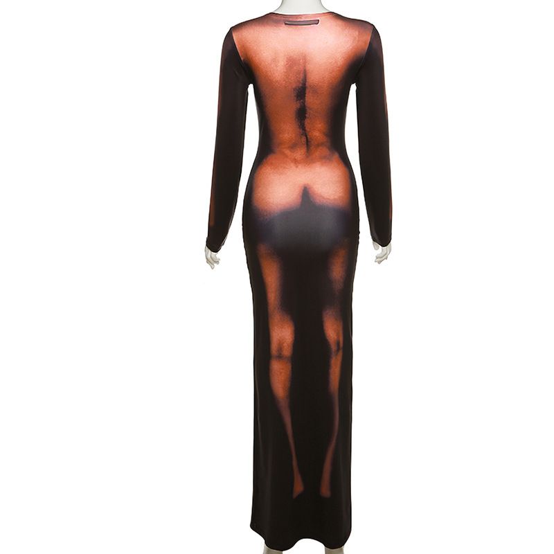 Nude Illusion Silhouette Body Print Dress - Fire