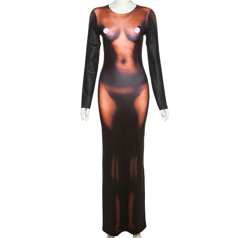 Nude Illusion Silhouette Body Print Dress - Fire