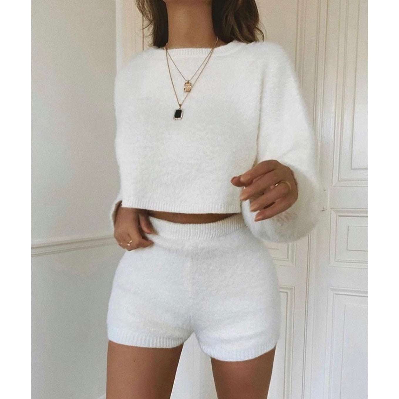 Fashion Soft Fluffy Plush Cropped Co-Ord Set - Expressive Boutique