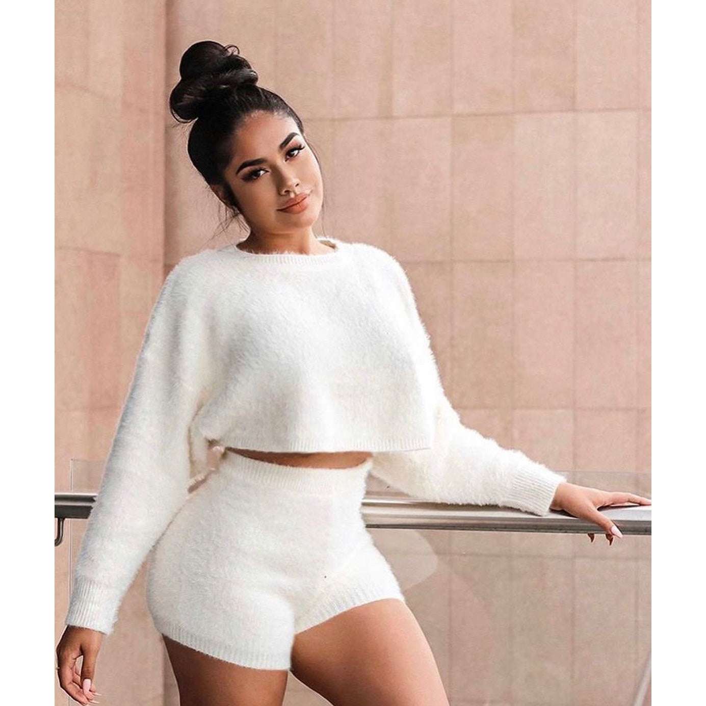 Fashion Soft Fluffy Plush Cropped Co-Ord Set - Expressive Boutique