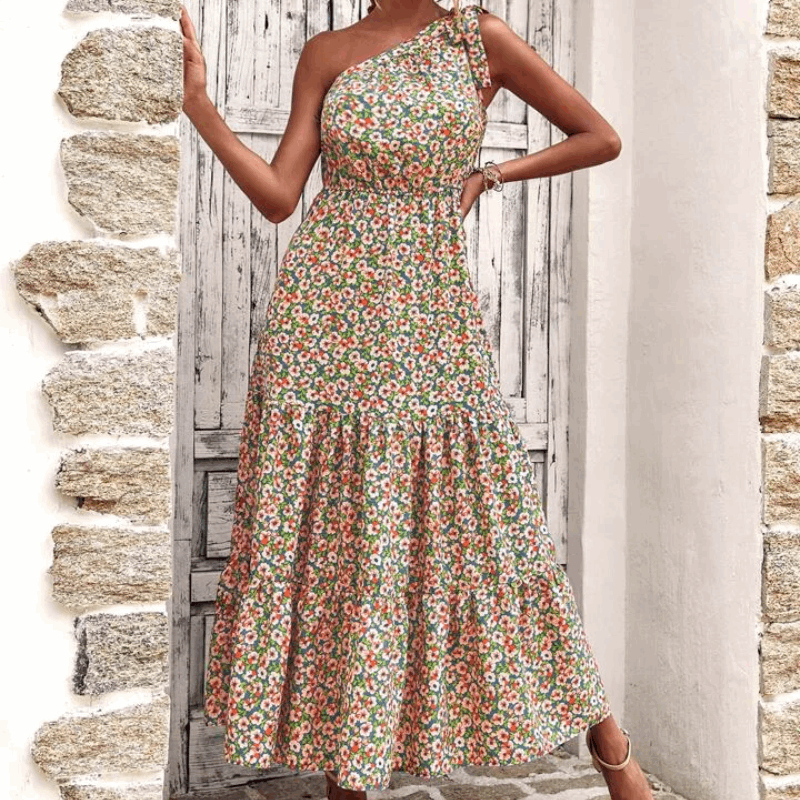 Ditsy Floral One Shoulder Tie Maxi Dress